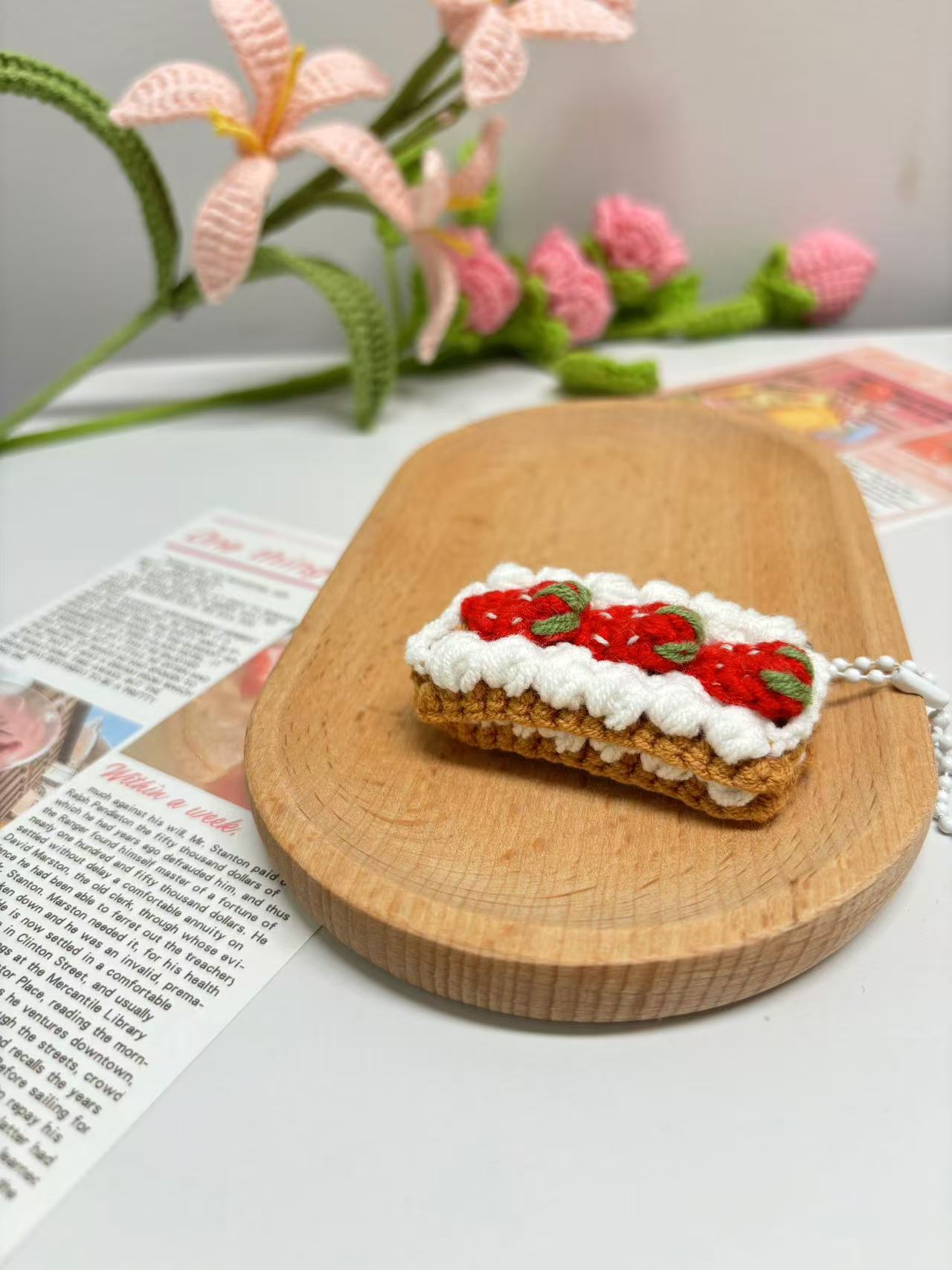 Handmade Crochet Strawberry Napoleon Mille-Feuille Keychains