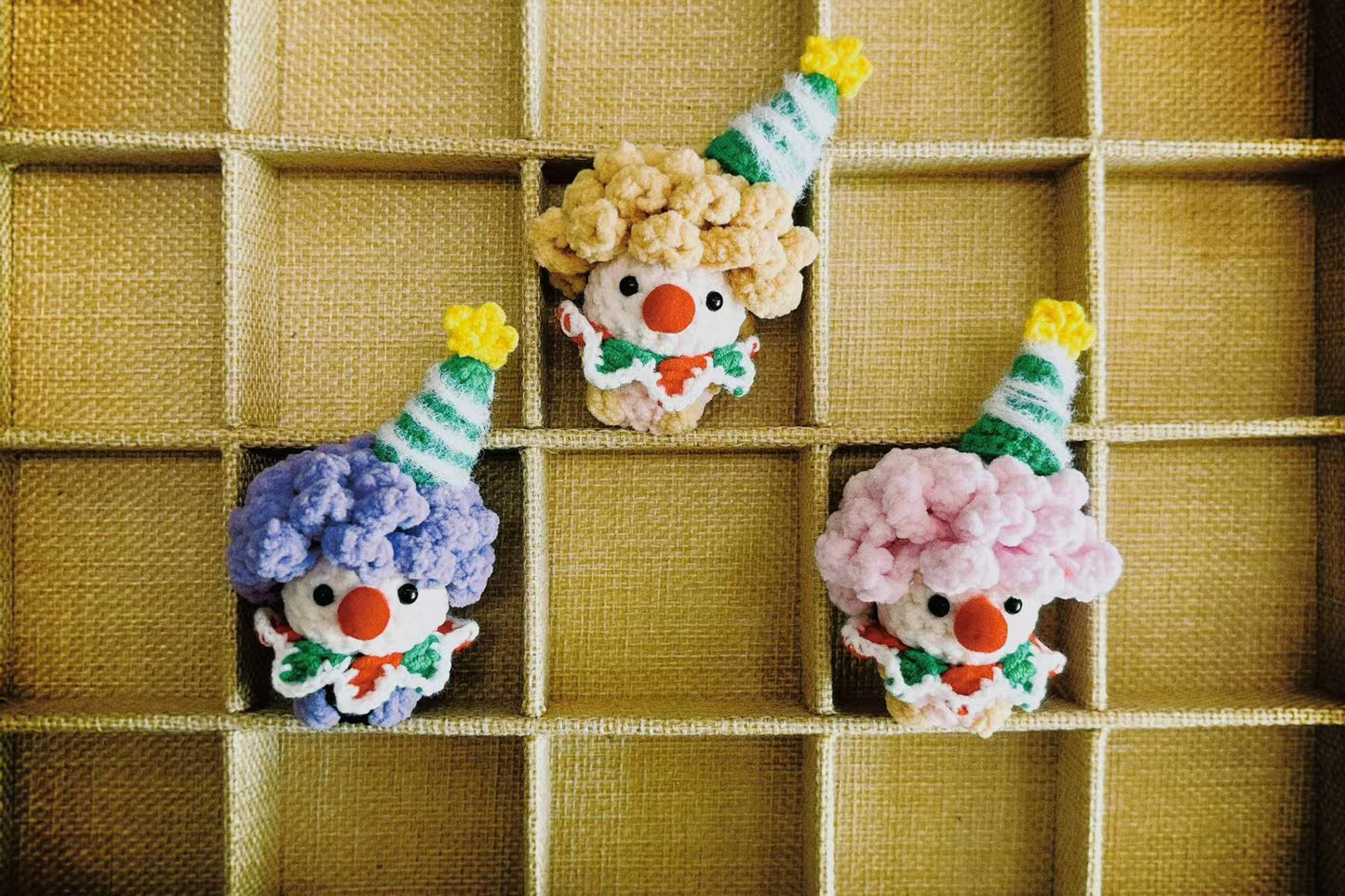 Handcrafted Crochet Clown Keychain & Figurine Collection – 10 Unique DIY Styles with Wooden Base (Gift Ideas for Adults & Kids)